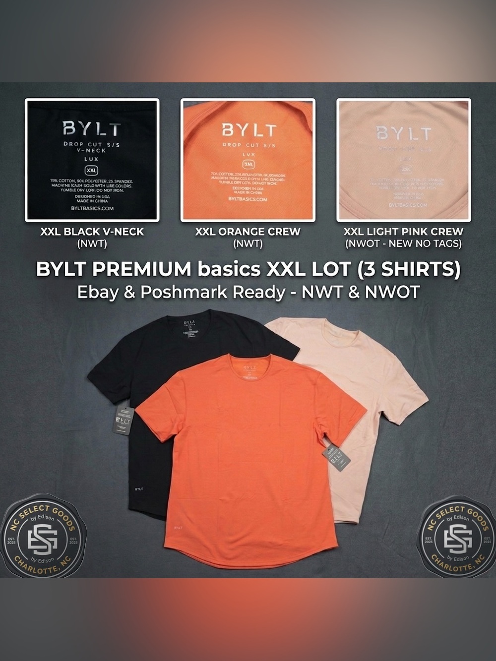 BYLT XXL Lot - 3 Premium Basics Shirts - NWT & NWOT - Black V, Orange, Pink